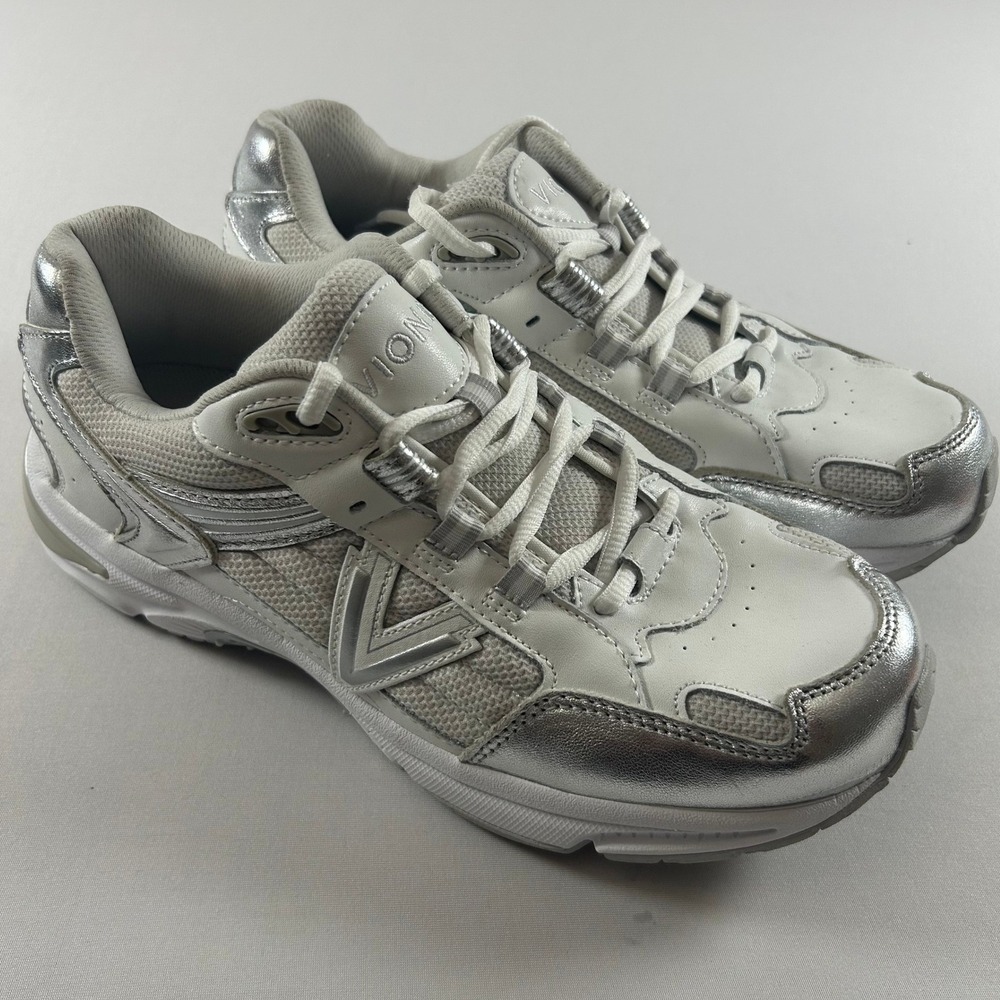 Vionic 23WALK 2.0 Shoes Womens 8.5 Wide White‎ Silver Leather Walking Sneakers